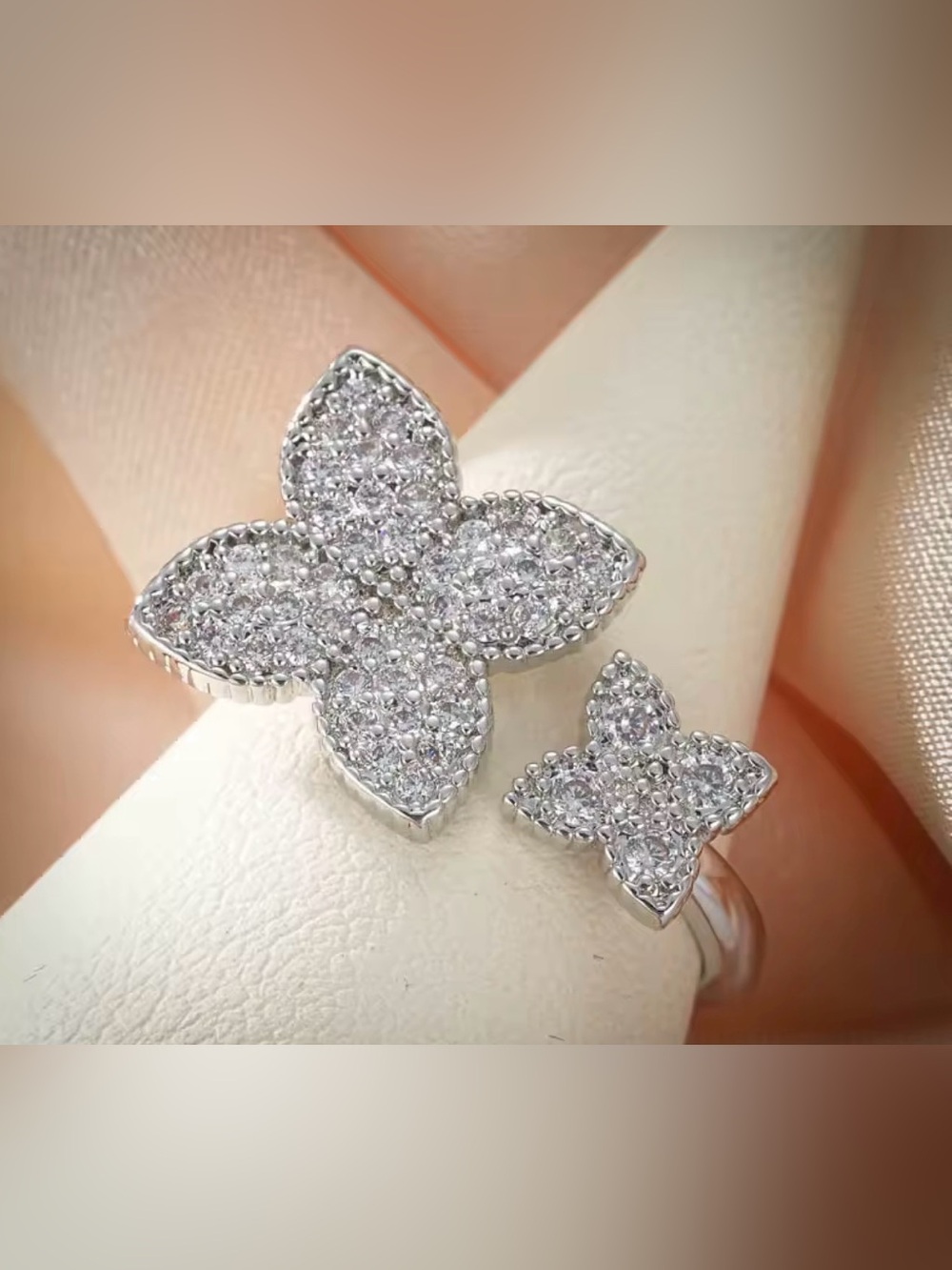 Adjustable Pavรฉ Clover Ring | Sparkly Statement | Silver Tone - Picture 4 of 11